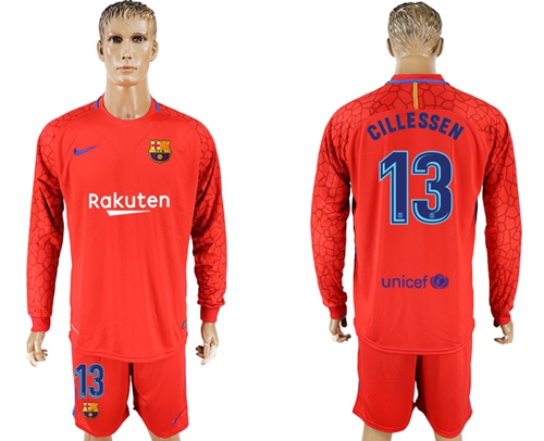 Barcelona #13 Cillessen Red Goalkeeper Long Sleeves Soccer Club Jersey